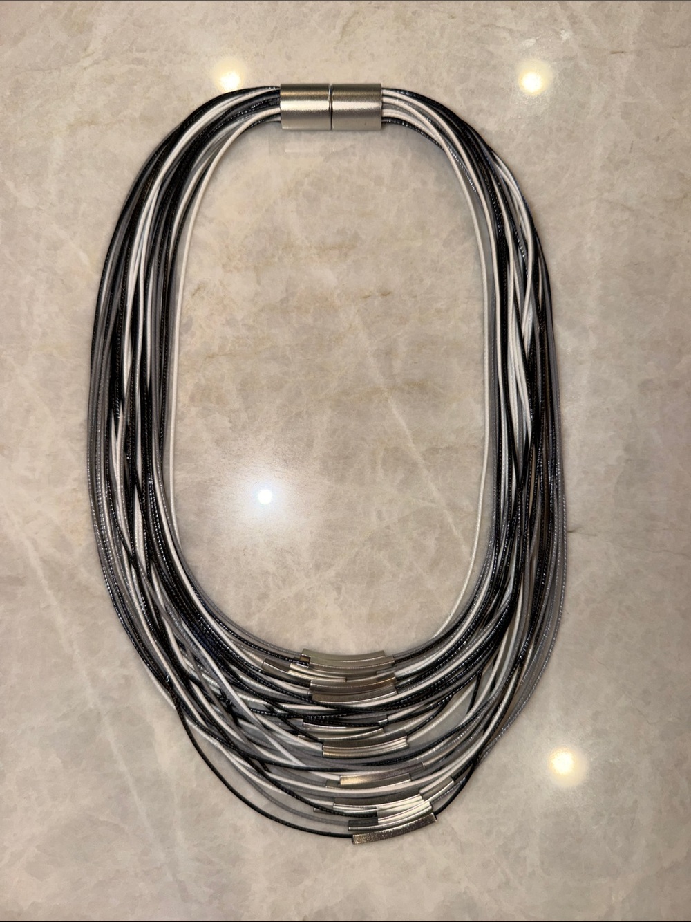 Multi-Strand Black and Silver Statement Necklace magnetic closure